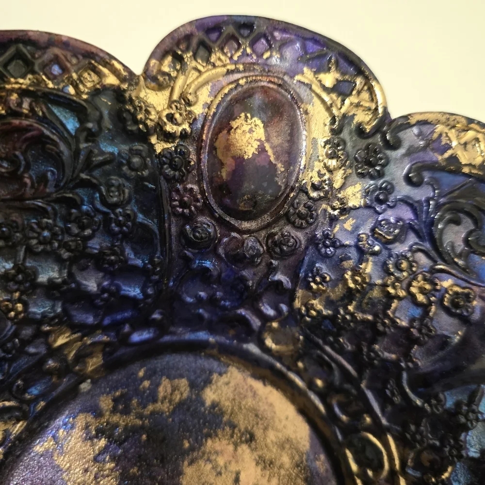 HANDCRAFTED Upcycled Silver Plated Stemmed Dish HANDPAINTED Centerpiece Art